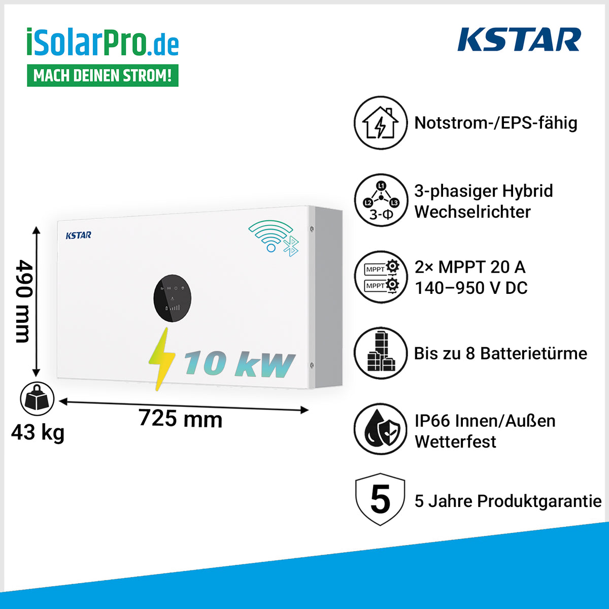 10 kW KSTAR BlueSpark E10KT-D22 Hybrid Wechselrichter â 3-phasig IP66 ESS D22 Serie
