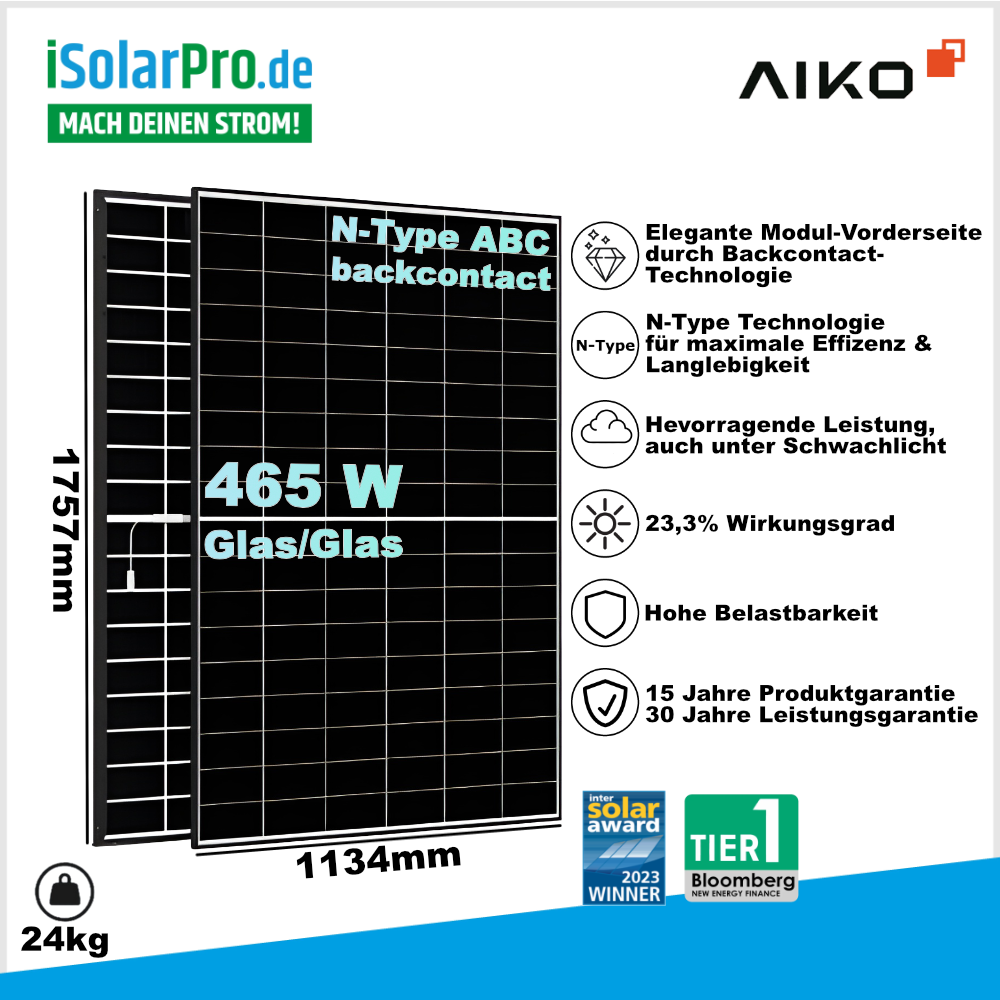 465W AIKO Neostar 2P+ A465-MAH54Dw · ABC Back-Contact · Glas/Glas N-Type - 1757x1134x30 mm Solarpanel Solarmodul Photovoltaik