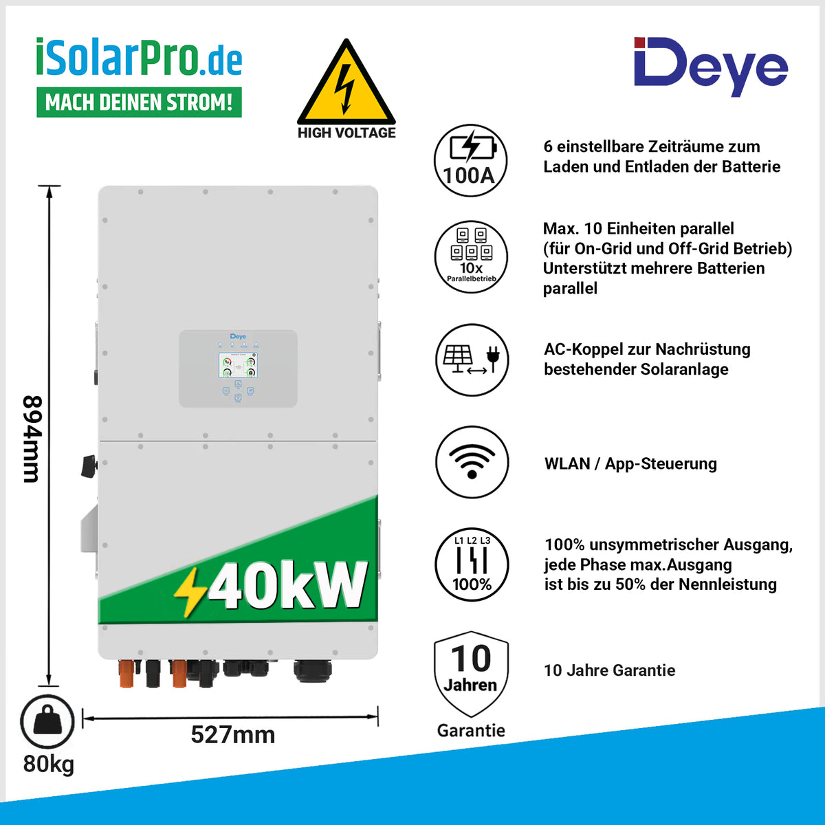 40kW Hybrid-Wechselrichter Deye SUN-40K-SG01HP3-EU-BM2 Dreiphasig Hochspannungsbatterie