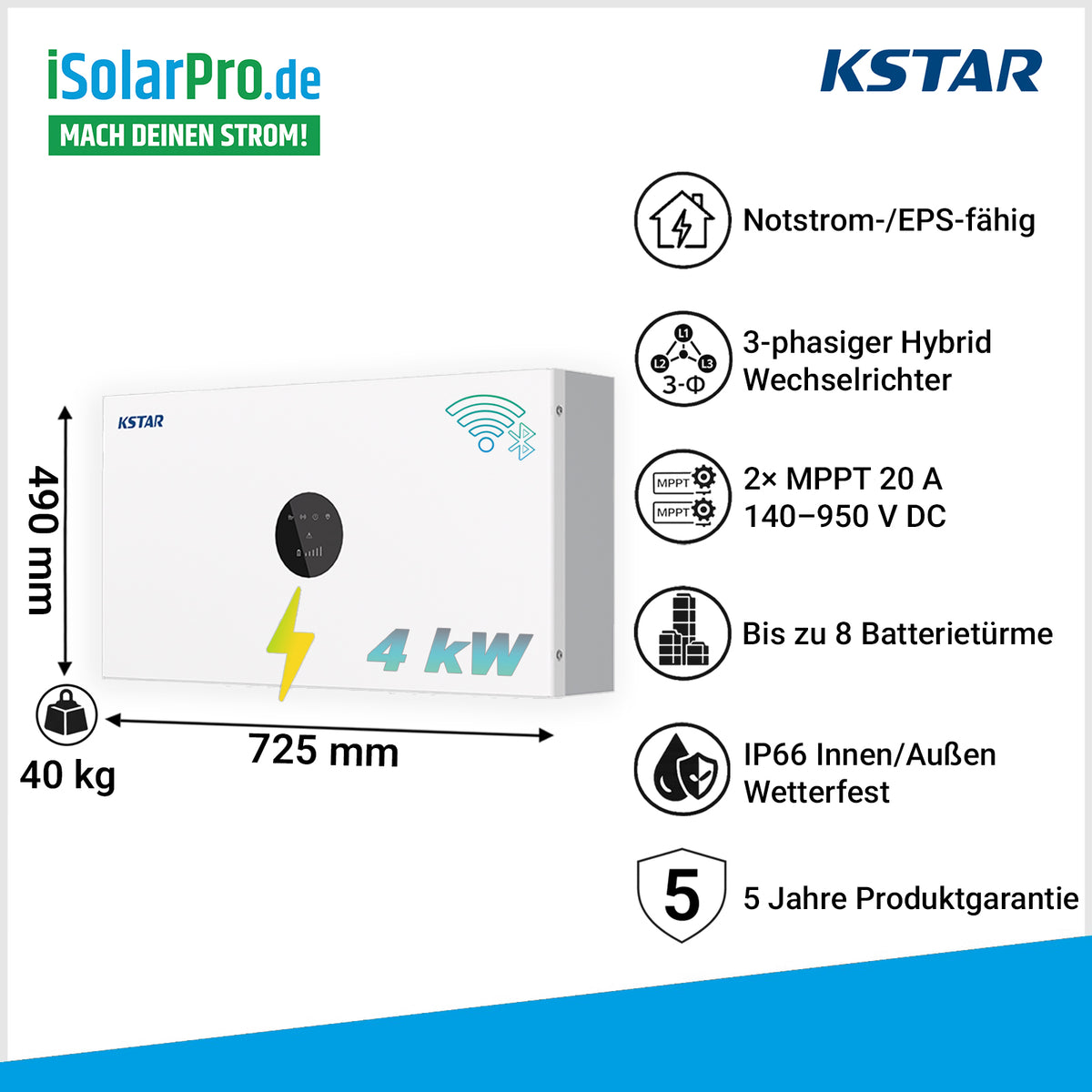 4 kW KSTAR BlueSpark E4KT-D22 Hybrid Wechselrichter – 3-phasig 2× MPPT IP66 D22 Serie