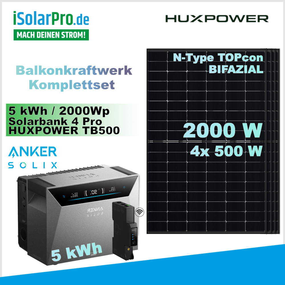 800W | 2000Wp | 5kWh ANKER SOLIX 4 Erweiterbares Balkonkraftwerk-Set: 4x 500W HUXPOWER® HPTB500 Solarmodul + Solarbank 4 E5000 Pro + Smart Meter Gen 2