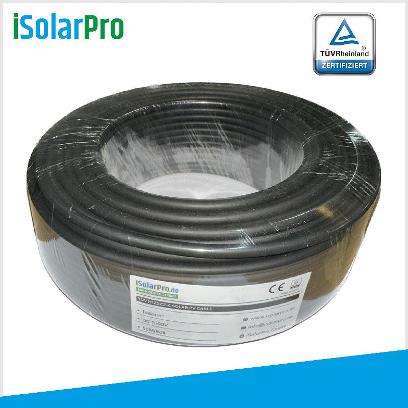 50m ISOLARPRO Solarkabel 6 mmÂČ Photovoltaik Kabel fĂŒr PV Anlagen schwarz