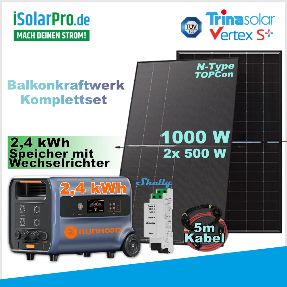 1000/ 800W Balkonkraftwerk Komplettset mit 2x 500W Trina Solar Vertex S+ bifazial Glas/Glas + RUNHOOD F2400 Speicher mit integriertem Mikro-Wechselrichter + Shelly Pro 3EM