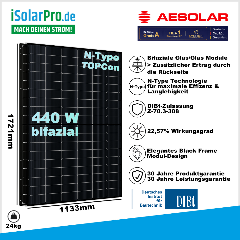 440W AESOLAR HORIZON · DIBt-ZERTIFIZIERT · Bifazial · Glas-Glas · N-Type TOPCon · 1721×1133×30 mm Solarpanel Solarmodul Photovoltaik · AE440CMD-108BDS
