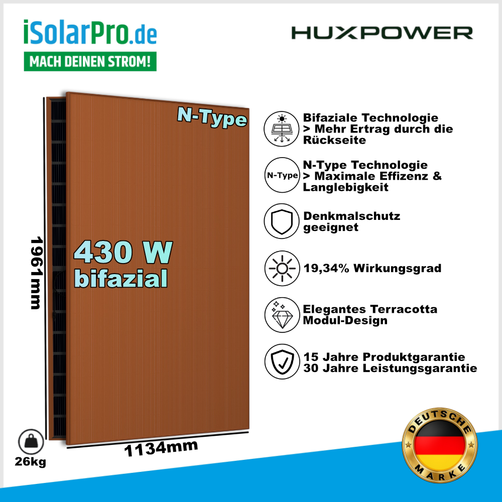 430W HUXPOWER® HPOB430 N-Type BIFAZIAL Terrakotta orange Doppelglas RAL 8001