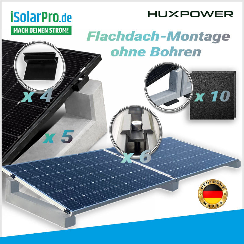 HUXPOWER® 10° PV-Aufständerung für 4-Solarmodule im Reihenaufbau inkl. Klemmen und Bautenschutzmatte