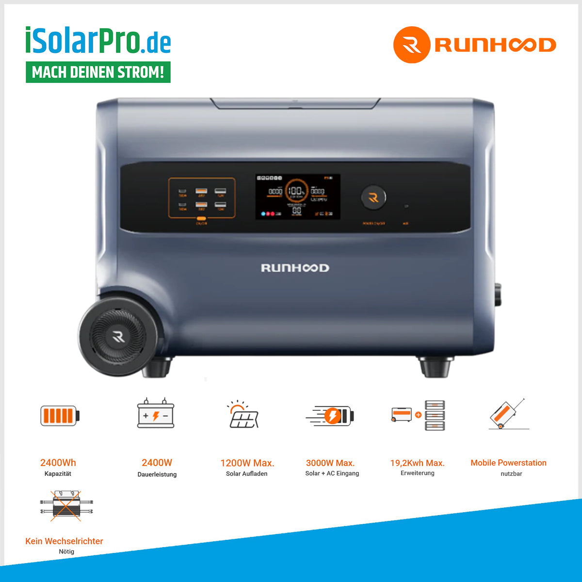 800W | 1000Wp Balkonkraftwerk Komplettset mit 2x 500W Trina Solar Vertex S+ bifazial Glas/Glas + RUNHOOD F2400 Speicher mit integriertem Mikro-Wechselrichter + Shelly Pro 3EM