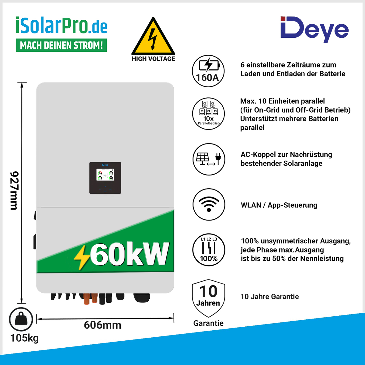 60 kW Hybrid-Wechselrichter Deye SUN-60K-SG02HP3-EU-EM6 Dreiphasig Hochspannungsbatterie