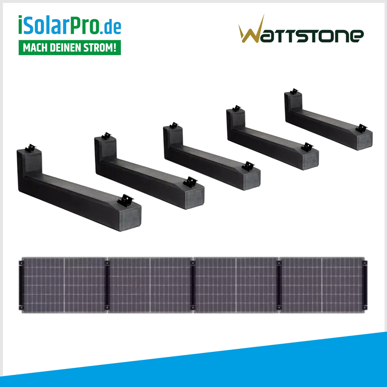 WATTSTONE 10° PV-AufstĂ€nderung fĂŒr 4-PV Module im Reihenaufbau inkl. Klemmen und Bautenschutzmatten
WATTSTONE 15° PV-AufstĂ€nderung fĂŒr 4-PV Module im Reihenaufbau inkl. Klemmen und Bautenschutzmatten