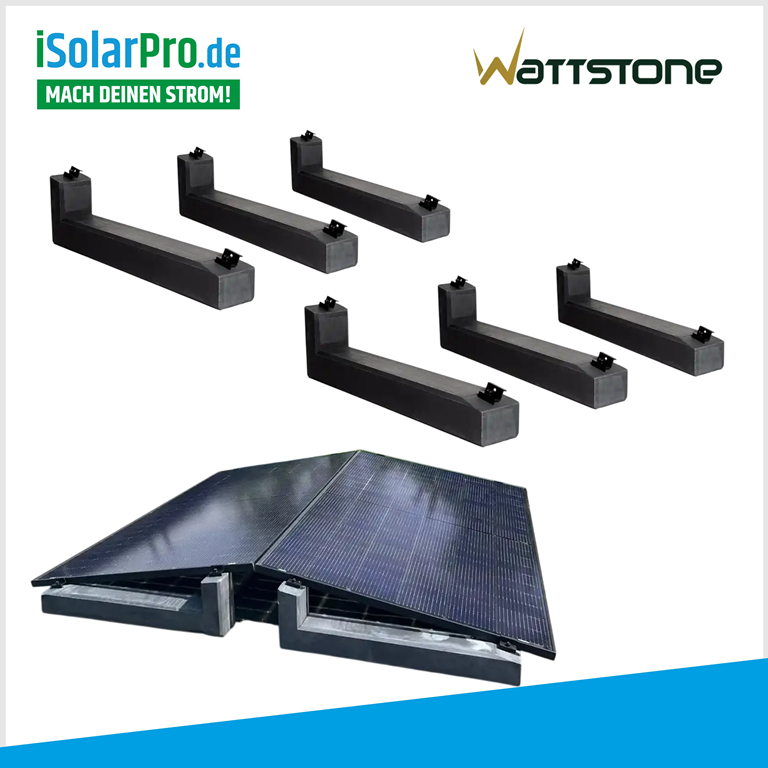 WATTSTONE 10° PV-AufstĂ€nderung fĂŒr 4-PV Module im Ost-West Aufbau inkl. Klemmen und Bautenschutzmatten
WATTSTONE 15° PV-AufstĂ€nderung fĂŒr 4-PV Module im Ost-West Aufbau inkl. Klemmen und Bautenschutzmatten