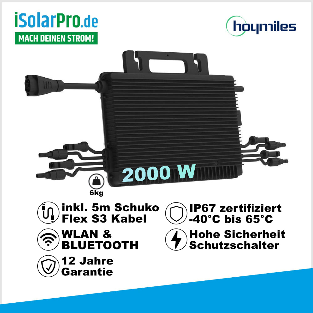 2000W Hoymiles HMS-2000-4WB WiFi · Mikro-Wechselrichter · 4 MPPT · WLAN & Bluetooth · IP67 · inkl. 5m Schuko Flex-S3 Kabel · Balkonkraftwerk Wechselrichter