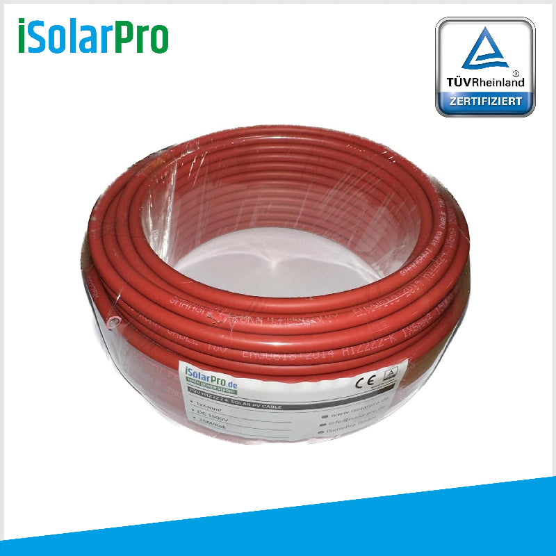 25m ISOLARPRO Solarkabel 6 mmÂČ Photovoltaik Kabel fĂŒr PV Anlagen rot