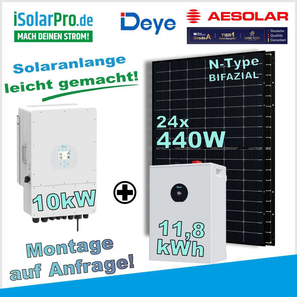 10 kW PV-Anlage Set 24 x 440W AESOLAR HORIZON, 10 kW Deye Wechselrichter + 11,8kWh Deye