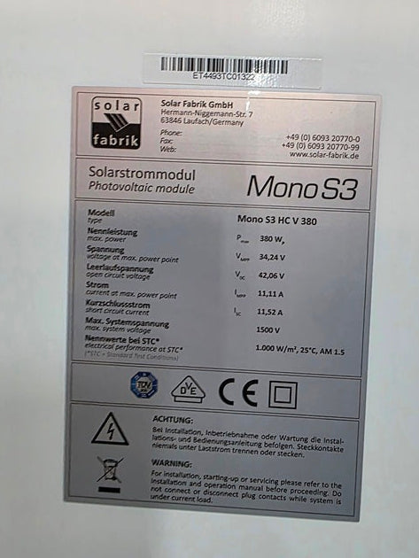 380W Solar Fabrik Mono S3 Halfcut 120 Zellen  1500 V 1755x1038x35 mm 