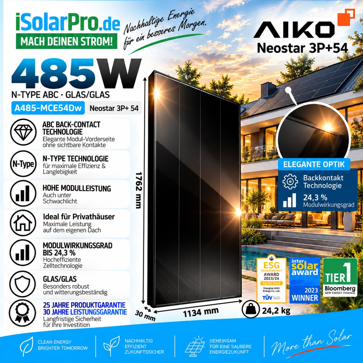 iSolarPro AIKO Neostar 2P+ 485W Glas/Glas N-Type ABC Bifaziales Solarmodul
