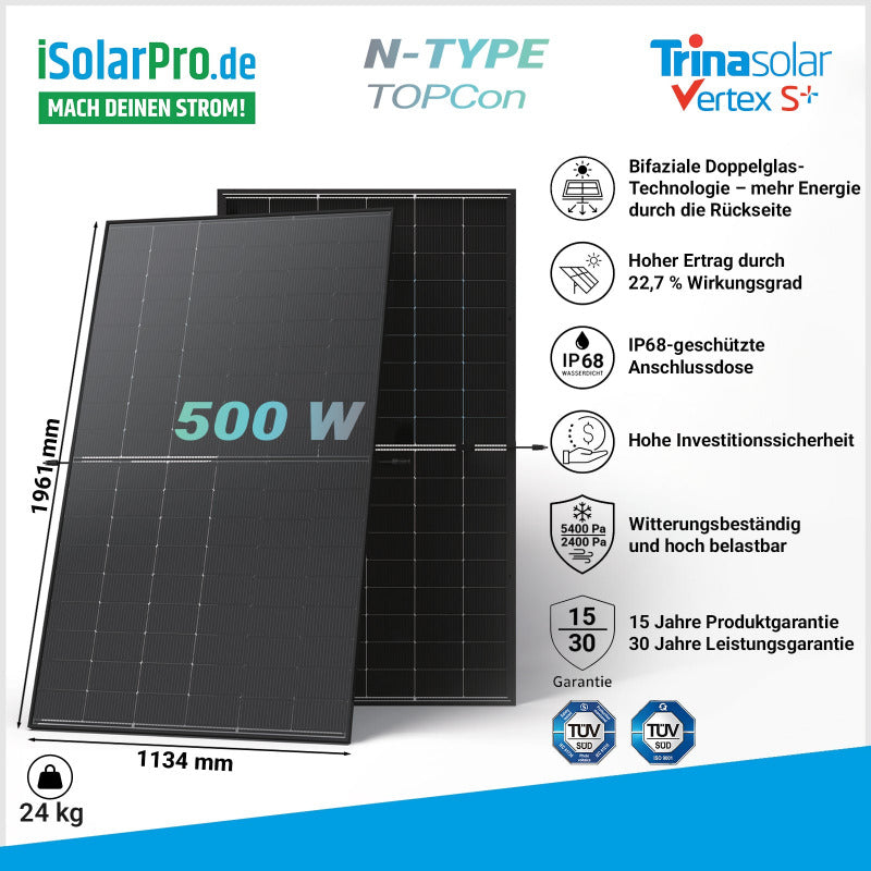 500W Trina Solar Vertex S+TSM-NEG18RC.27 BIFAZIAL TRANSPARENT Glas/Glas N-Typ i-TOPCon 1961×1134×30mm Solarpanel Solarmodul Photovoltaik