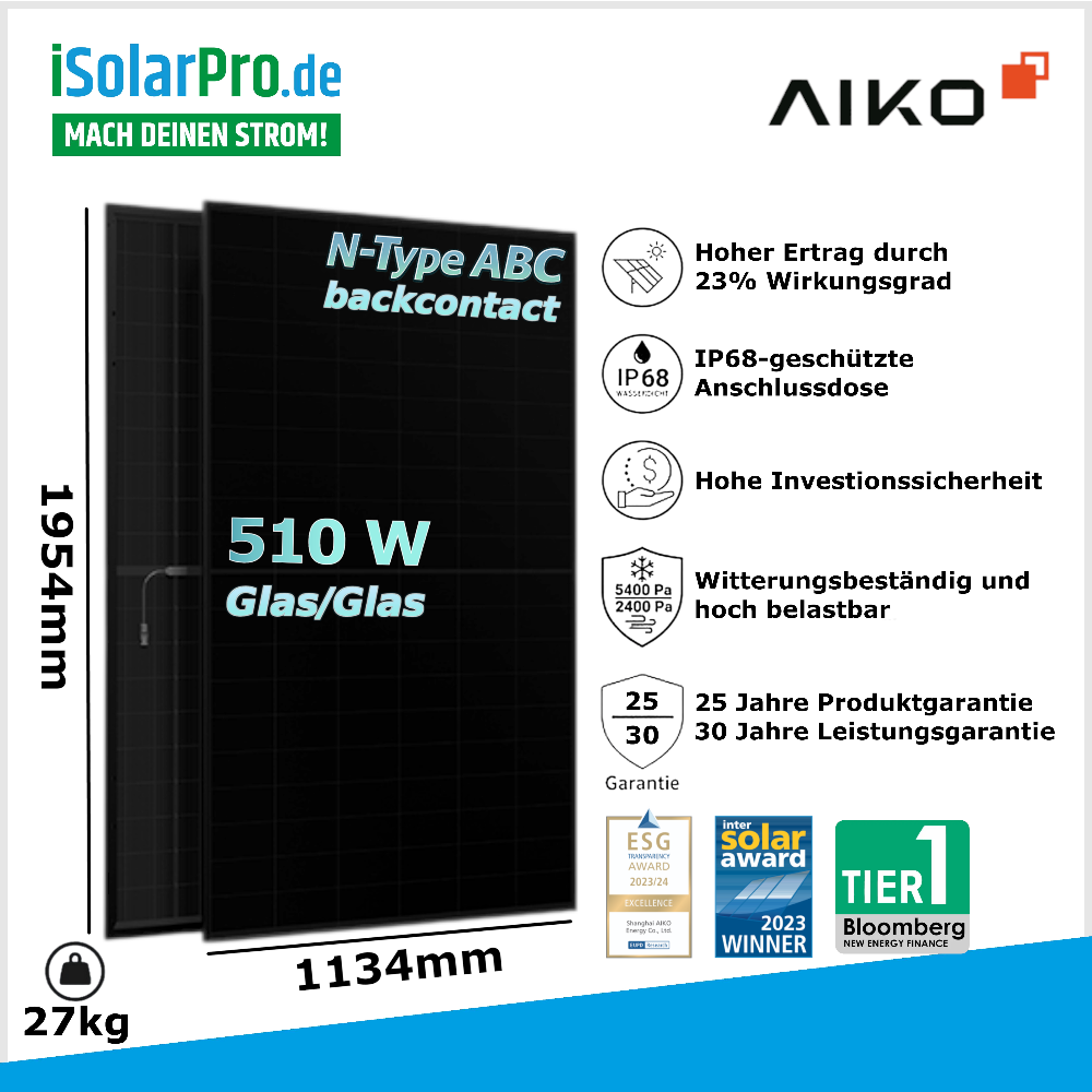 510W AIKO Neostar 2S+ A-MAH60Db · ABC Back-Contact · N-Type · Glas/Glas · 1500 V - 1954x1134x30 mm Solarpanel Solarmodul Photovoltaik