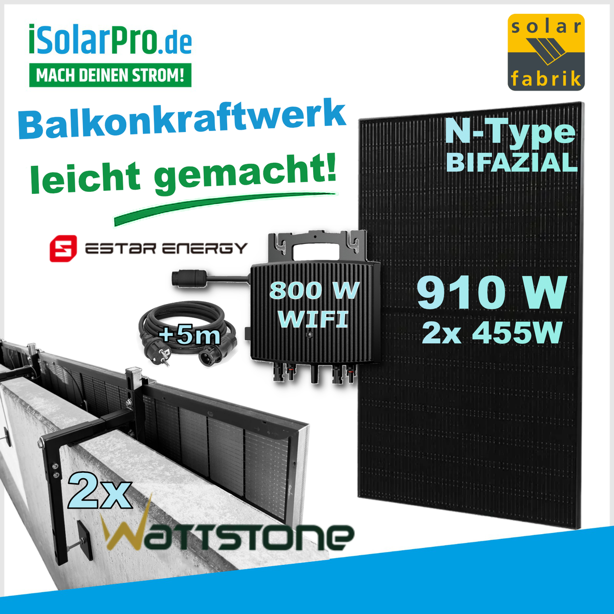 Balkonkraftwerk-Set Trina 455W + 800W Estar + Wattstone Balkon Halterung