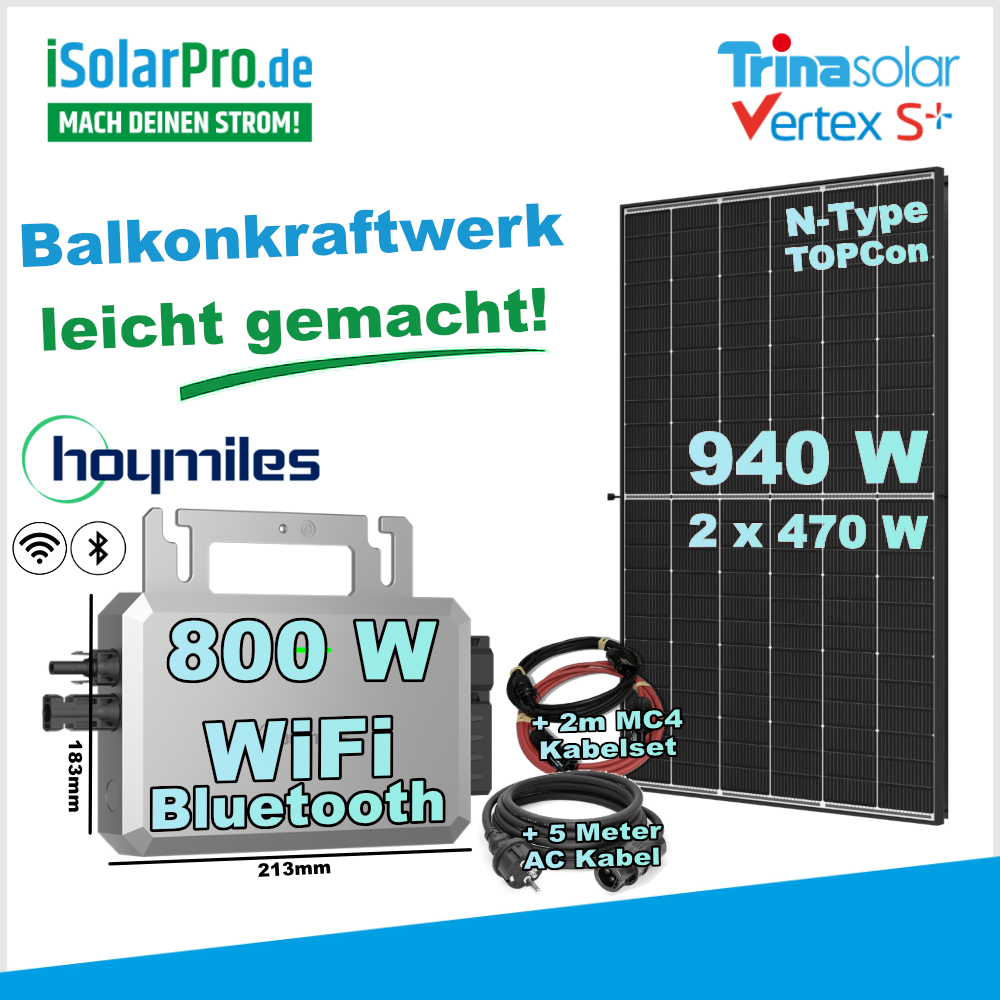iSolarPro Balkonkraftwerk Set 940W mit 2x Trina Solar Vertex S+ 470W Modulen, Hoymiles 800W WiFi Bluetooth Wechselrichter und Kabelset 
