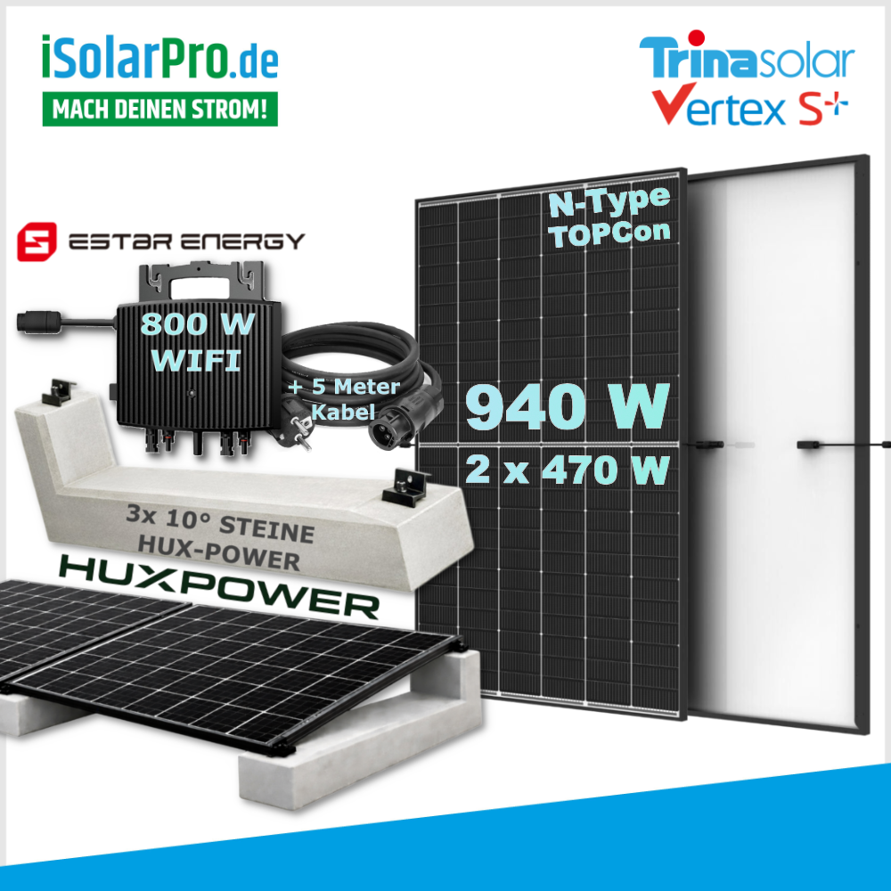 930/ 800W Balkonkraftwerk-Set – steckerfertig:  2x 465W AIKO Neostar 2P+ Solarmodul + 1x ESTAR ENERGY ES-800-W Mikro Wechselrichter + HUX-POWER® 10° – Flachdachaufständerung für 2-Solarmodule im Reihenaufbau