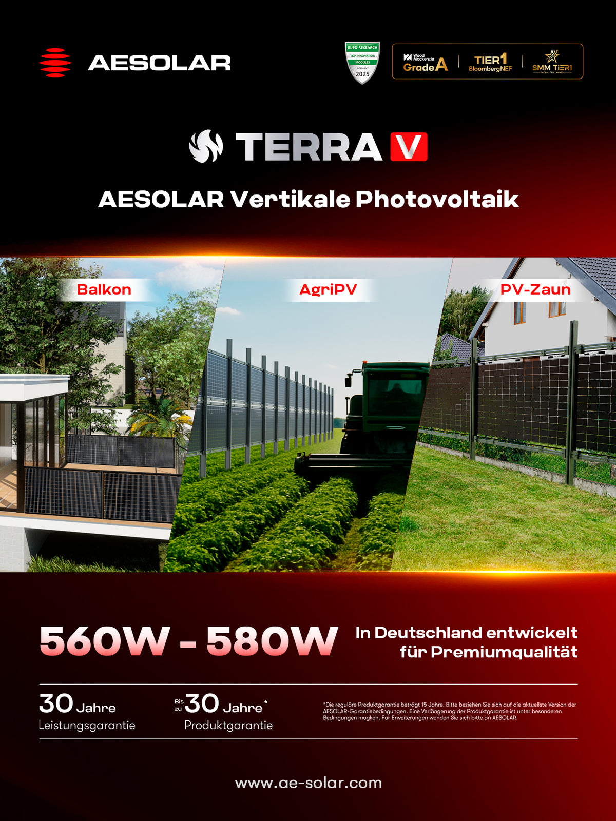 580W AESOLAR Terra V AE CMD-L144BD · N-Type TOPCon · bifazial · Glas/Glas · 2282x1190x30 mm · Solarpanel Solarmodul Photovoltaik Solarzaun