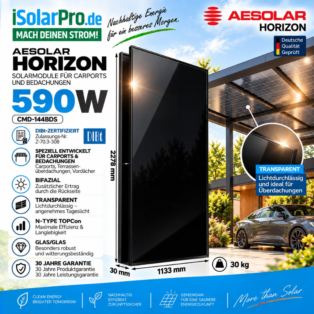 590W AESOLAR HORIZON Solarmodul DIBt-zertifiziert Bifazial für Carport, Terrasse & Überdachung mit Überkopfzulassung