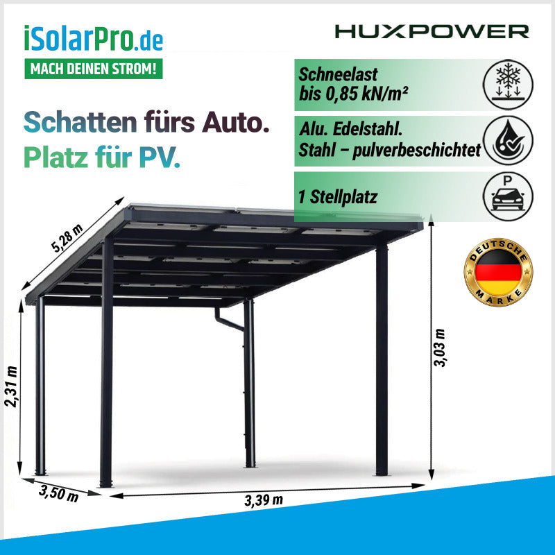 HUX-POWER® Solar-Carport Single · 1 Stellplatz · 5280*3030*3390 mm · Aluminiumkonstruktion bis 9 Solarmodule (ohne Solarmodule)