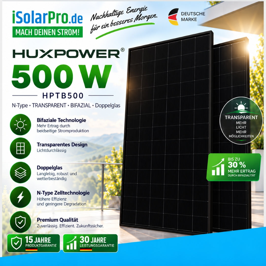 500W HUXPOWER® HPTB500 – Bifaziale N-Type Solarmodul · Transparent Doppelglas.