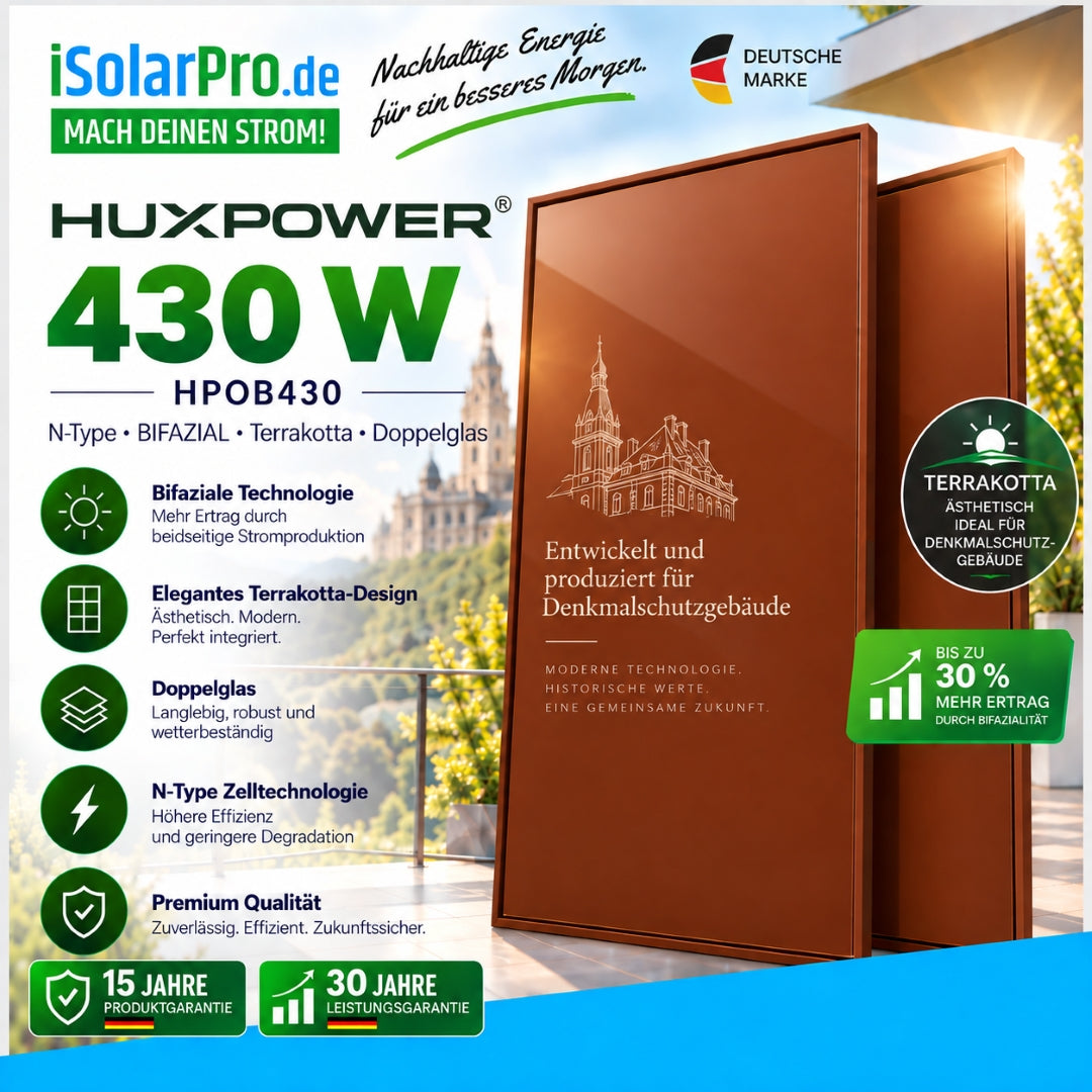 430W HUXPOWER® HPOB430 · N-Type · BIFAZIAL · Terrakotta · orange · Doppelglas RAL 8001 · 1961×1134×30 mm Solarpanel Photovoltaik
