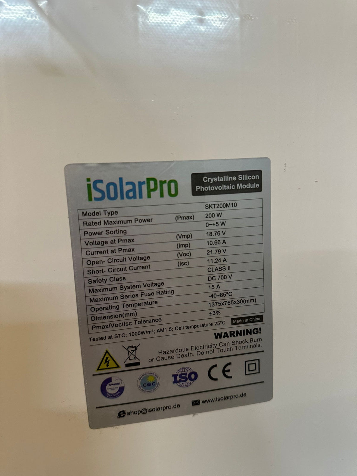 200W ISOLARPRO Monokristallin 200Watt Solarmodul Solarpanel 1375x765x30mm 20A