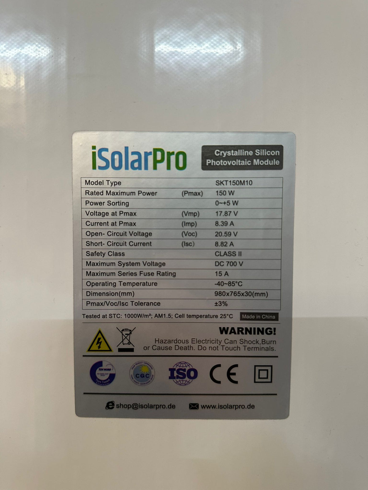 150W ISOLARPRO Monokristallin 150Watt Solarmodul Solarpanel 980x765x30mm 15A