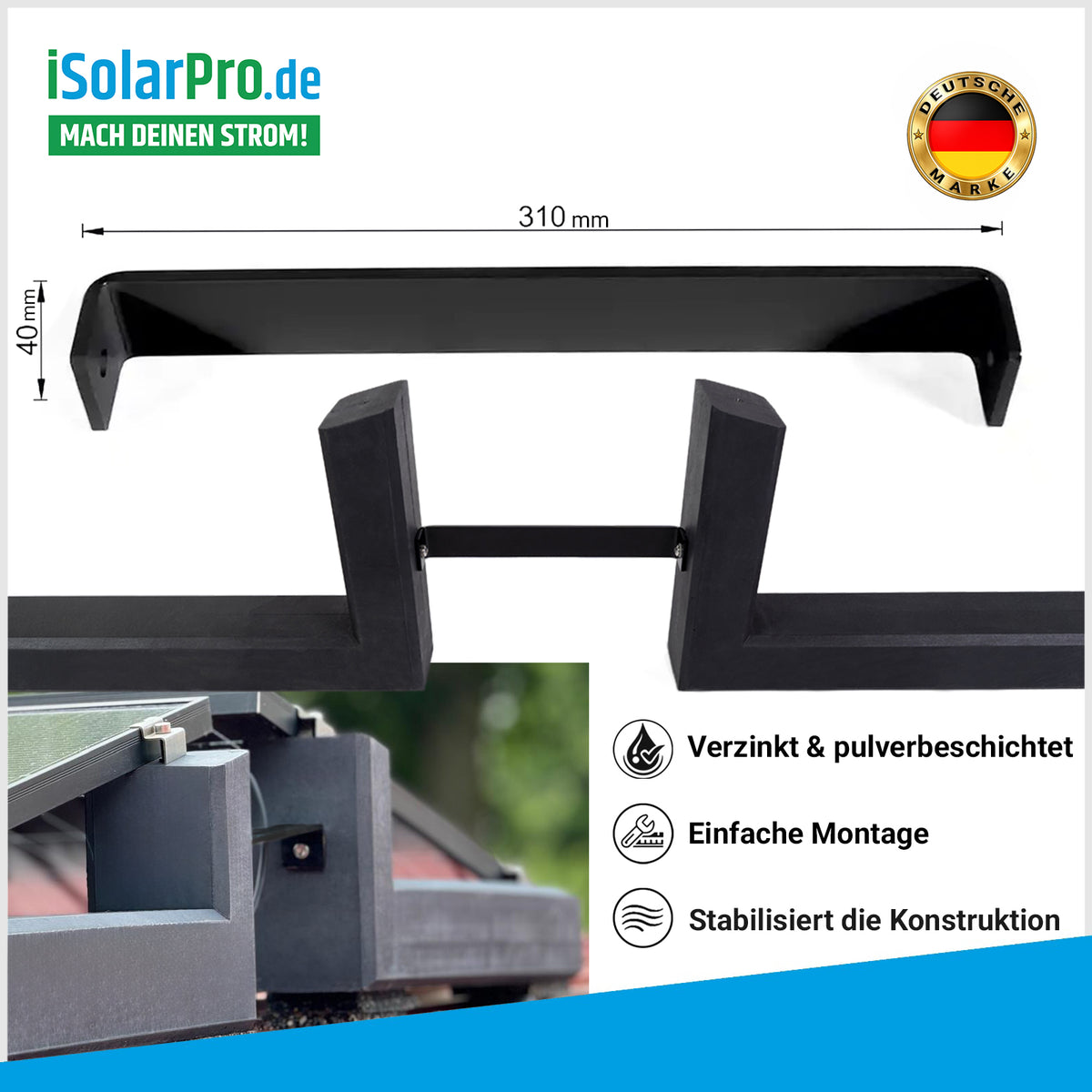 HUXPOWER® 10° PV-Aufständerung für 2-Solarmodule im Ost-West Aufbau inkl. Klemmen und Bautenschutzmatte