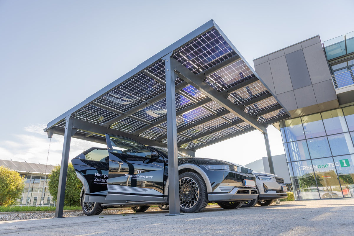 GREENPORT HOME Glas/Glas Solarcarport 1 Stellplatz – 3,78 kWp (9×420W), Schneelast bis 2 kN/m²