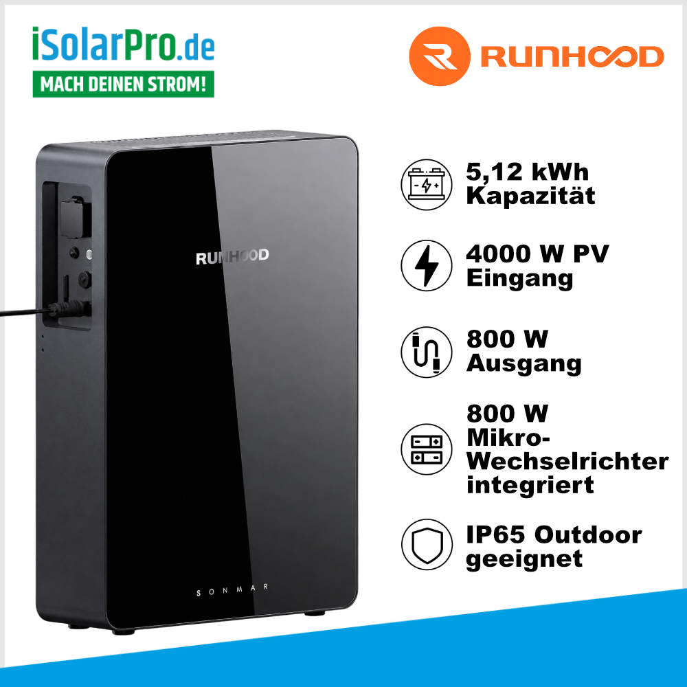5,12 kWh Runhood SOMMAR R5200-DC All-in-One Micro Solar ESS · Balkonkraftwerk 4000 Watt PV-Eingang · AC-2500 Watt Notstrom · Solar-Speicher · Batterie