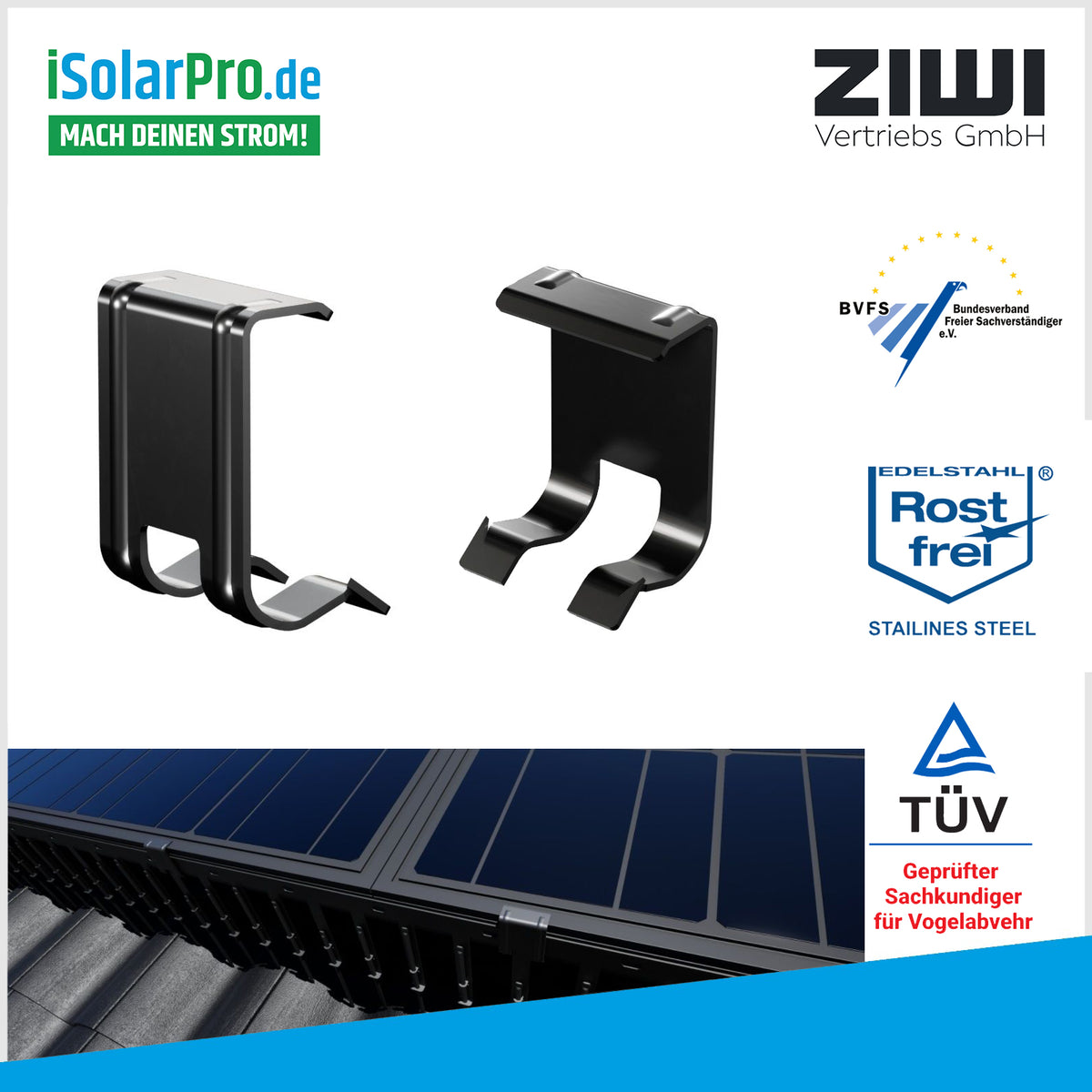 ZIWI Solar Clip F Schwarz aus rostfreiem Edelstahl für fallende Solar-Taubenabwehrspikes