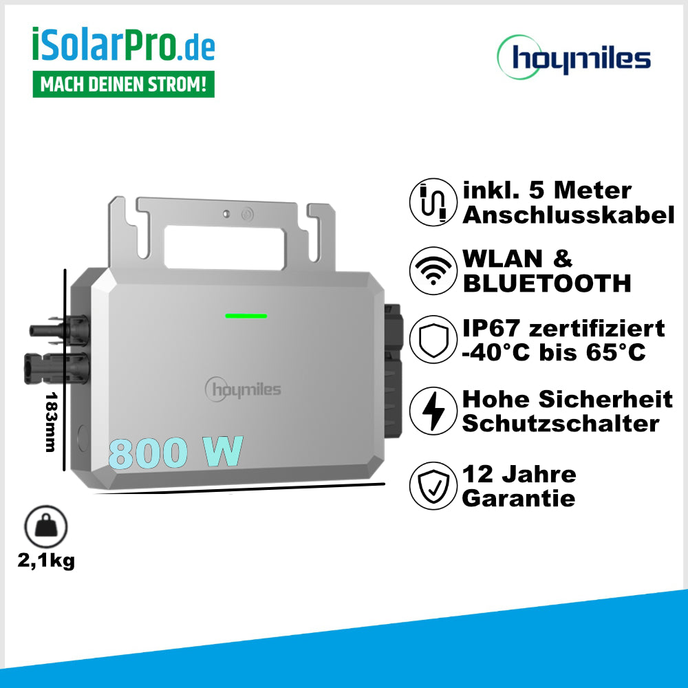 800W | 890Wp Balkonkraftwerk-Set: 2x 445W JA Solar JAM54D41-445/LB Solarmodul Bifazial + 1x Hoymiles HF-800-WB Mikro Wechselrichter inkl. 5m AC-Kabel + 1x 2m MC-4 Verlängerungsset