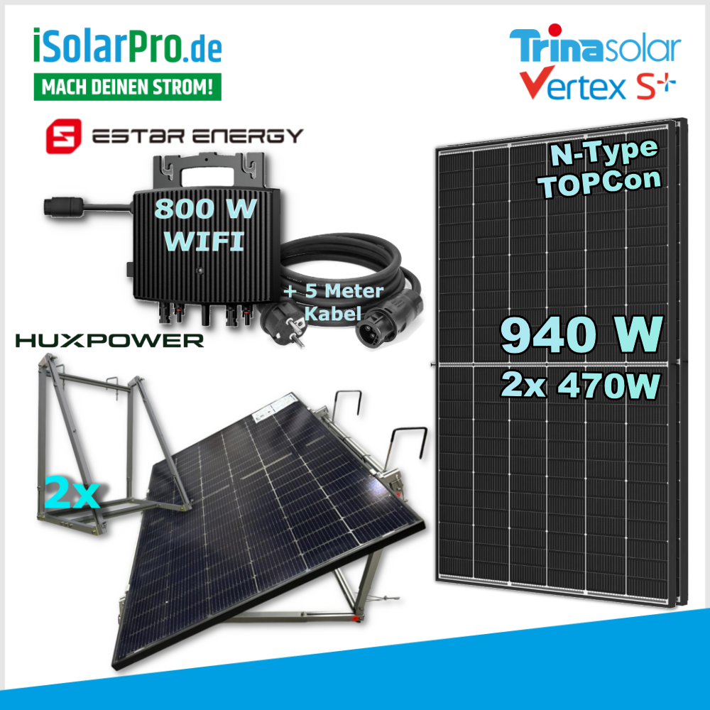 800W | 940Wp Balkonkraftwerk-Set – steckerfertig:  2x 470W Trina Vertex S+ TSM-470NEG9R.28 + 1x ESTAR ENERGY ES-800-W Mikro Wechselrichter + HUX-POWER® 2.0 Balkonkraftwerk universal Solarmodul-Halterung